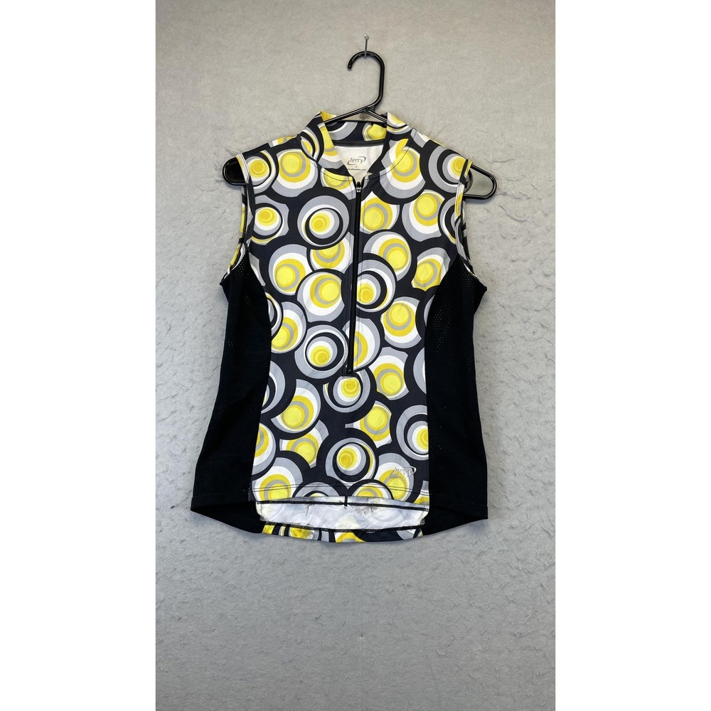 Terry Cycling Jersey Womens Small‎ Sleeveless Zip Back Pockets Yellow Gray Black